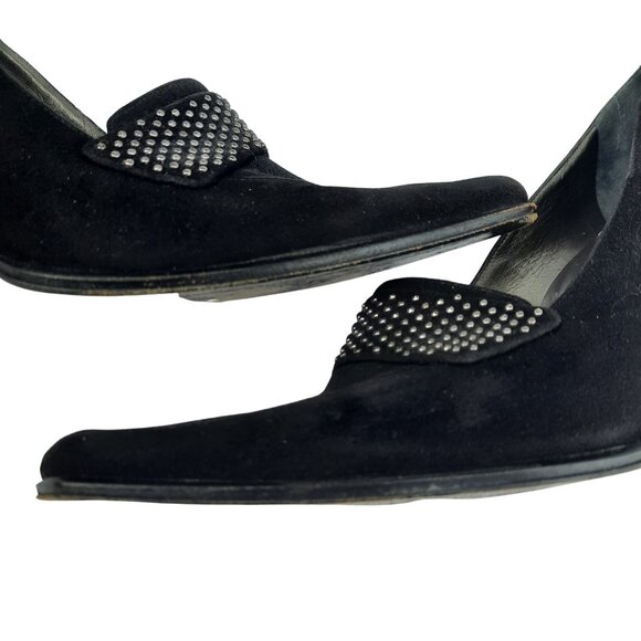 Vintage 90s Casadei Heels Square Toe US Size 8 Black Suede Studded Pumps - Picture 7 of 14